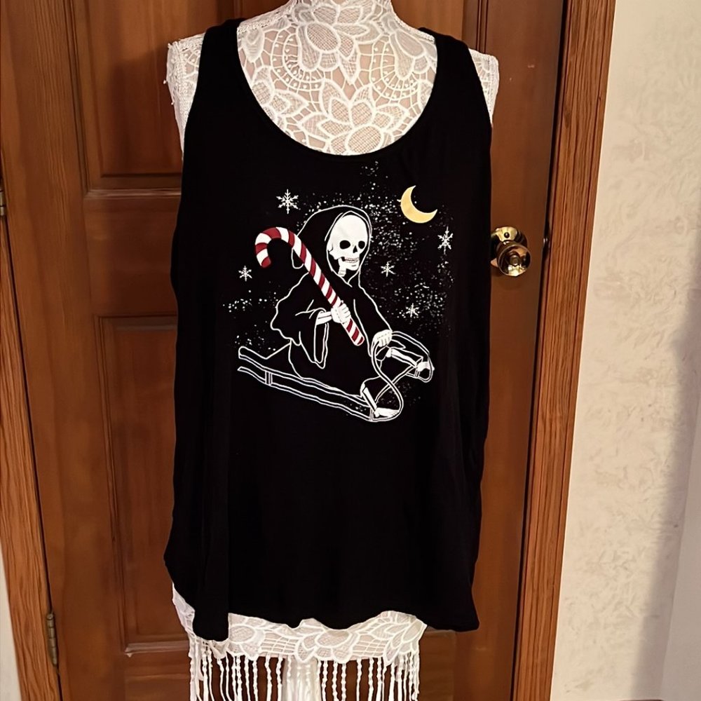 Black Tank Top Tee Grimm Reaper Sled Candy Cane Christmas